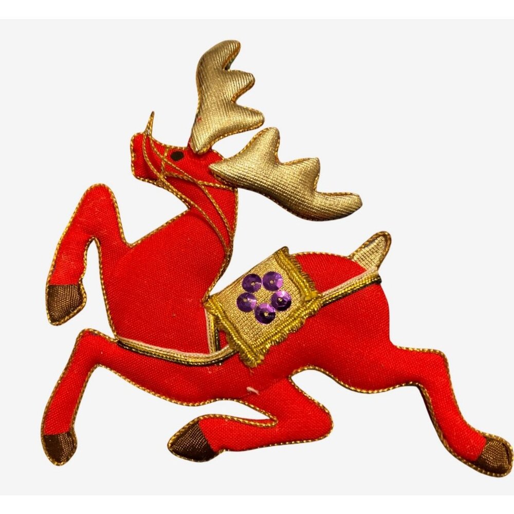 Red Fabric Reindeer Christmas Ornament Gold Color Accents and Sequin Details